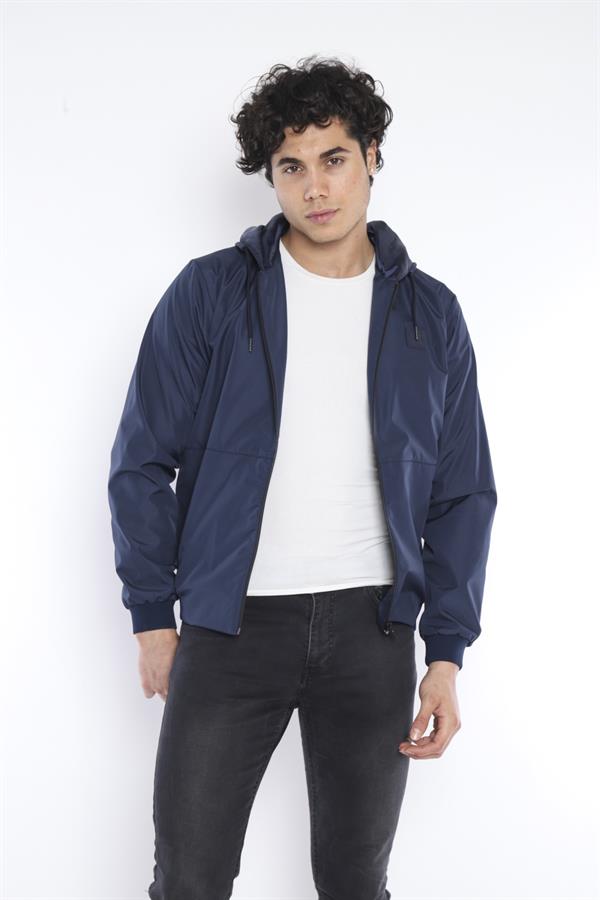 Erkek Lacivert Rüzgarlık Yağmurluk Ince Kapsonlu Ceket 2 Cepli Desenli Astarlı 6722