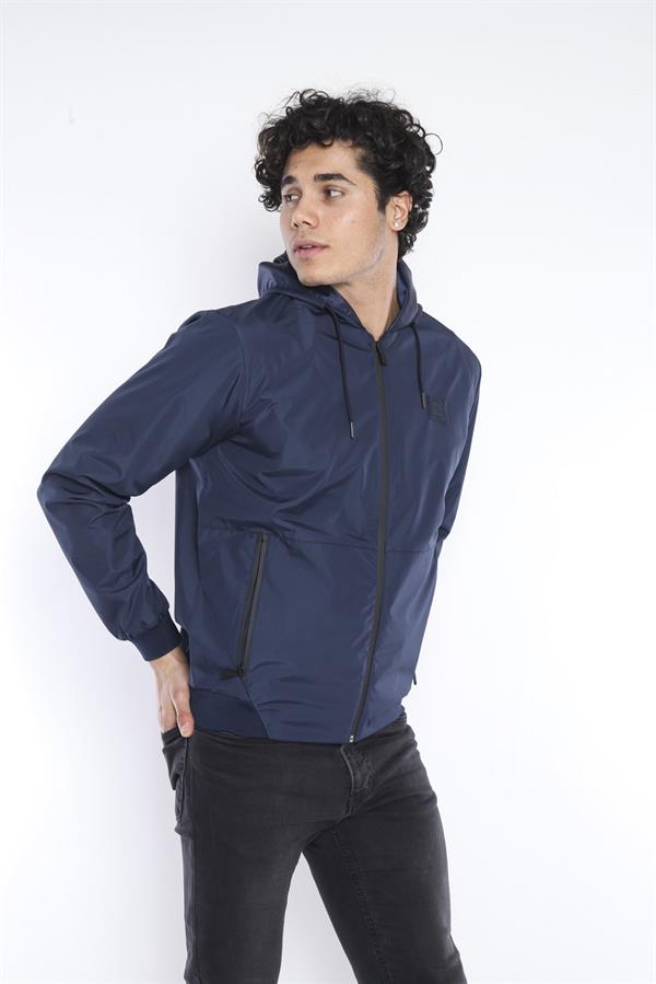 Erkek Lacivert Rüzgarlık Yağmurluk Ince Kapsonlu Ceket 2 Cepli Desenli Astarlı 6722