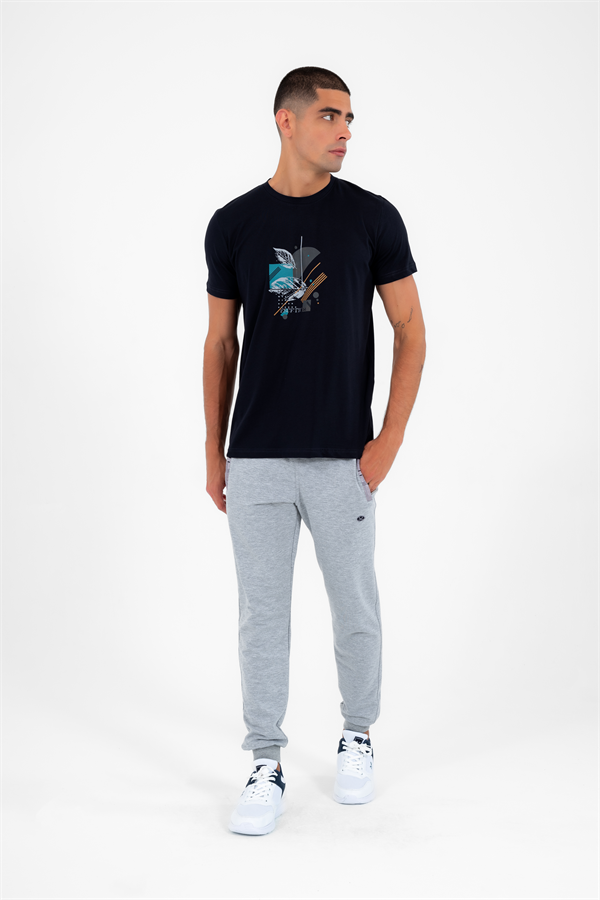 Escetic Erkek Lacivert Spor Simit Yaka Regular Kalıp Nefes Alabilen %100 Pamuk Süprem Kumaş T-Shirt 0999