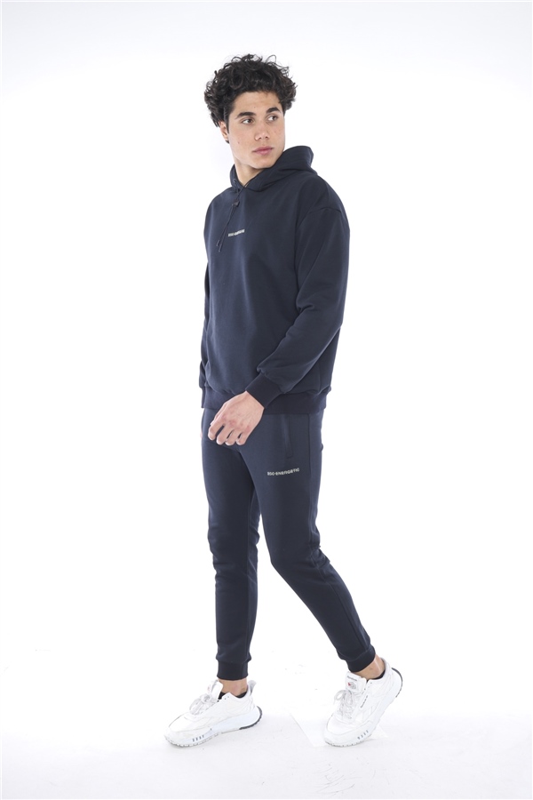 Escetic Lacivert Erkek 3 İplik Nefes Alan Pamuklu Kapüşonlu Baskılı Spor Oversize Sweat Takım A3041