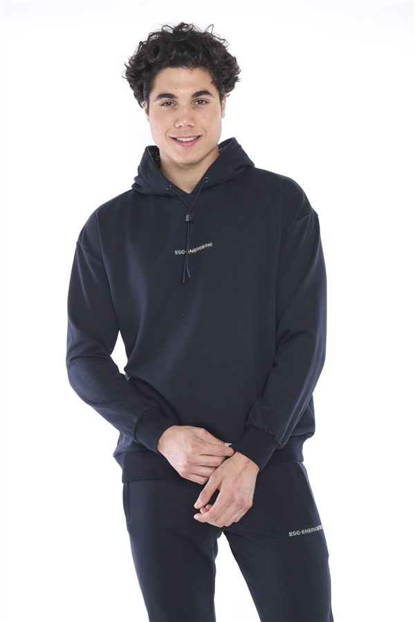 Escetic Lacivert Erkek 3 İplik Nefes Alan Pamuklu Kapüşonlu Baskılı Spor Oversize Sweat Takım A3041