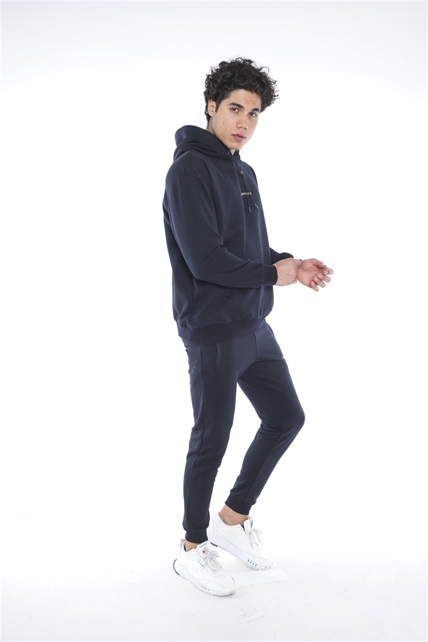 Escetic Lacivert Erkek 3 İplik Nefes Alan Pamuklu Kapüşonlu Baskılı Spor Oversize Sweat Takım A3041