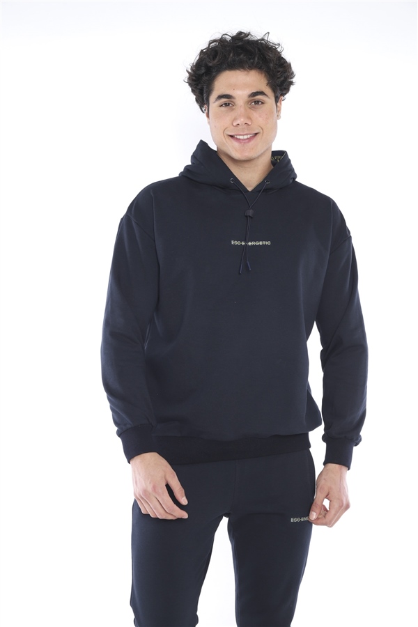 Escetic Lacivert Erkek 3 İplik Nefes Alan Pamuklu Kapüşonlu Baskılı Spor Oversize Sweat Takım A3041