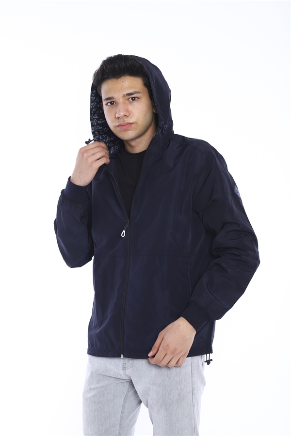 Escetic Lacivert Erkek Rüzgarlık Sabit Kapüşonlu Desenli Astarlı Su İtici Mevsimlik İnce Ceket 6571