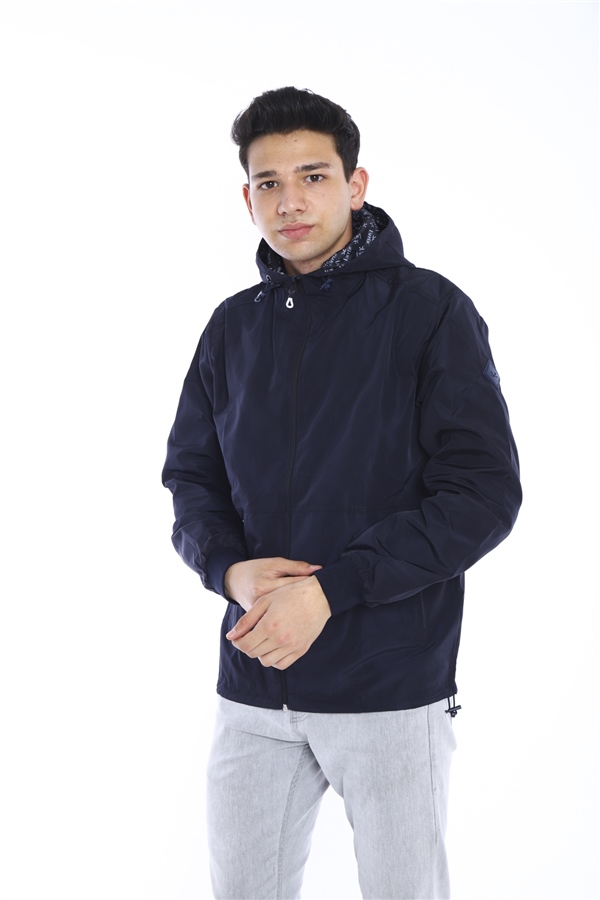 Escetic Lacivert Erkek Rüzgarlık Sabit Kapüşonlu Desenli Astarlı Su İtici Mevsimlik İnce Ceket 6571