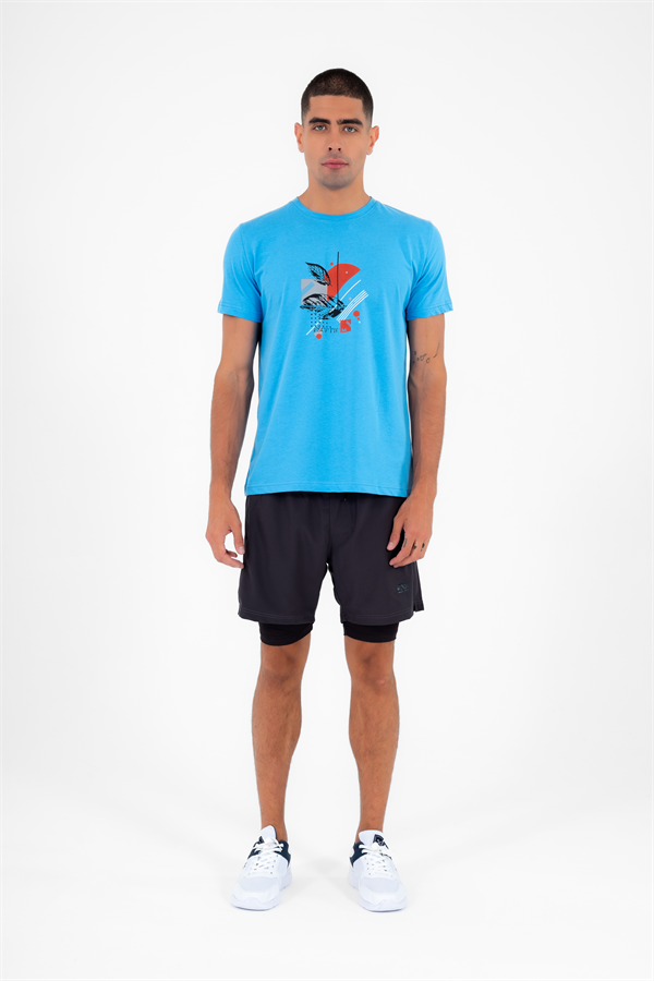 Escetic Erkek Mavi Spor Simit Yaka Regular Kalıp Nefes Alabilen %100 Pamuk Süprem Kumaş T-Shirt 0999