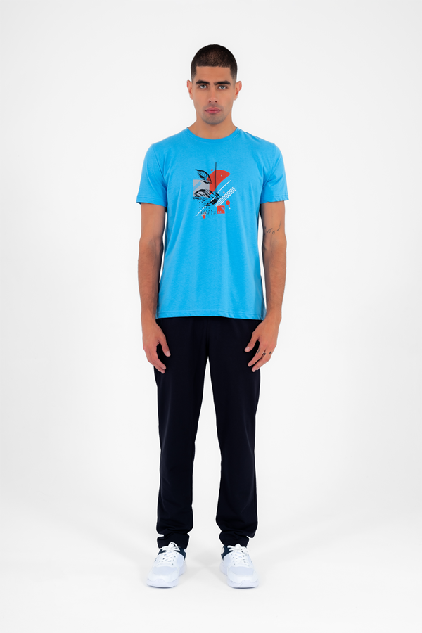 Escetic Erkek Mavi Spor Simit Yaka Regular Kalıp Nefes Alabilen %100 Pamuk Süprem Kumaş T-Shirt 0999