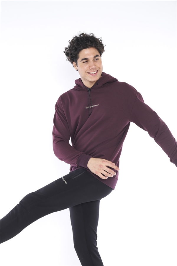 Escetic Mürdüm Erkek 3 İplik Nefes Alan Pamuklu Kapüşonlu Baskılı Spor Oversize Sweat Takım A3041