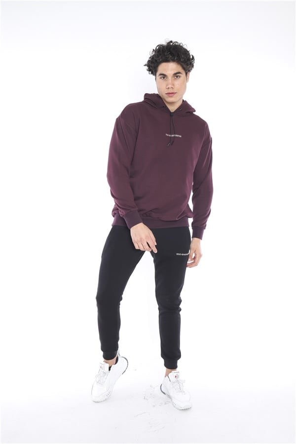 Escetic Mürdüm Erkek 3 İplik Nefes Alan Pamuklu Kapüşonlu Baskılı Spor Oversize Sweat Takım A3041