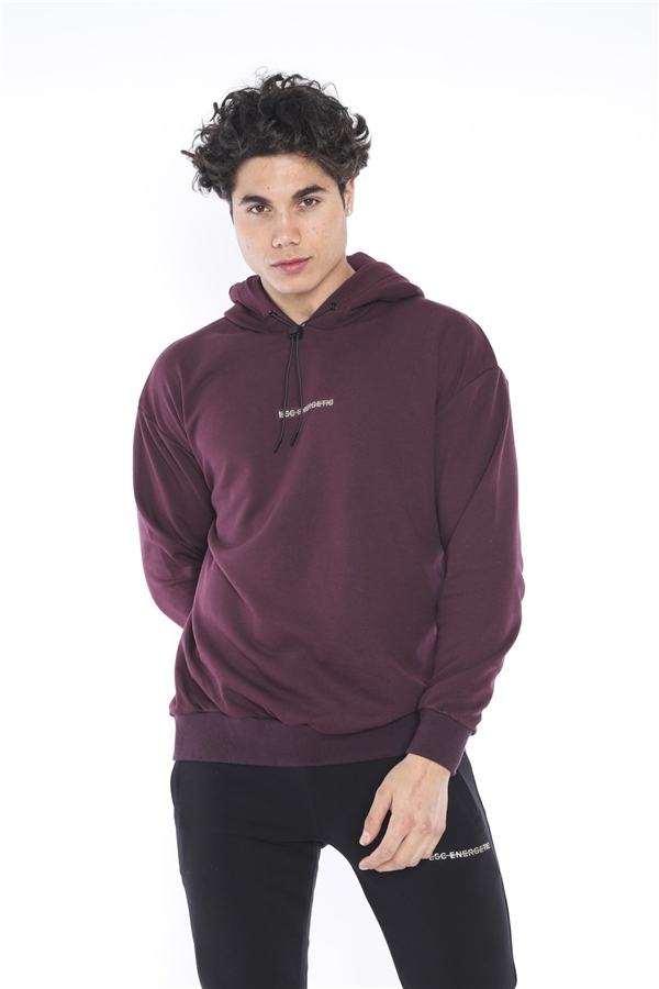 Escetic Mürdüm Erkek 3 İplik Nefes Alan Pamuklu Kapüşonlu Baskılı Spor Oversize Sweat Takım A3041