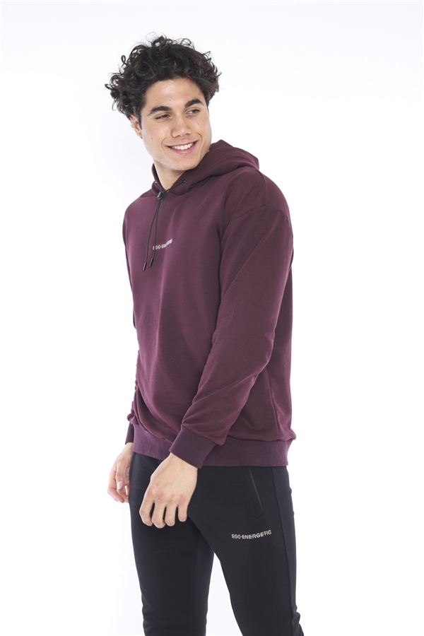 Escetic Mürdüm Erkek 3 İplik Nefes Alan Pamuklu Kapüşonlu Baskılı Spor Oversize Sweat Takım A3041