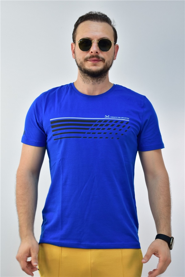 Escetic Saks Mavisi Erkek Slimfit %95 Pamuklu Süprem Nefes Alabilen Spor T-Shirt 0780