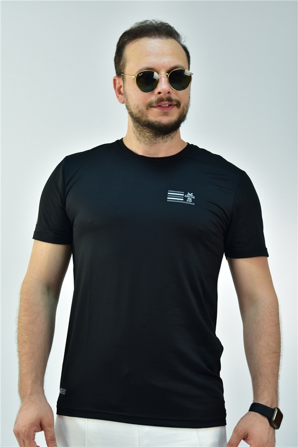 Escetic Siyah Erkek Slimfit Jakarlı Süprem Nefes Alabilen Spor T-Shirt 0774