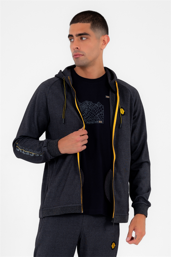 Escetic Erkek Siyah Gri Kapüşonlu Diagonel Penye İnterlok Kumaş 4 Mevsim Slimfit Eşofman Takımı 6661