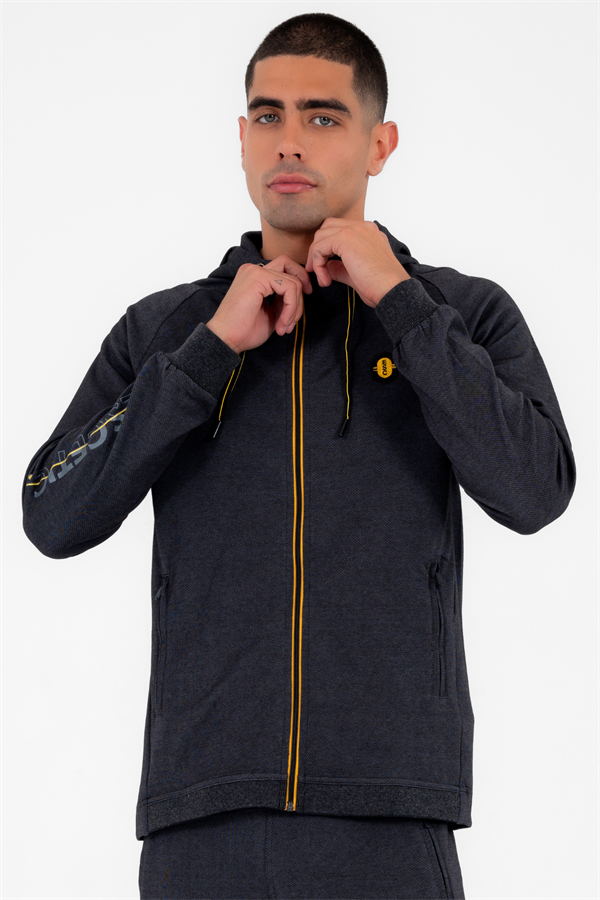 Escetic Erkek Siyah Gri Kapüşonlu Diagonel Penye İnterlok Kumaş 4 Mevsim Slimfit Eşofman Takımı 6661