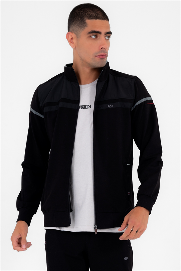 Erkek Siyah Rahat Kalıp 4 Cepli Dik Yaka 4 Mevsim Süper 2 İplik Spor Eşofman Takımı 5876