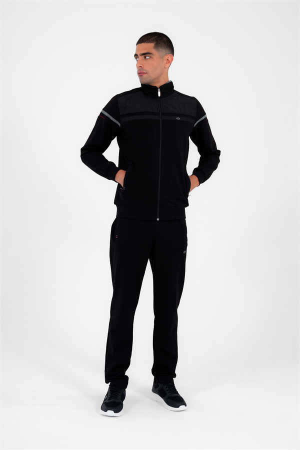 Erkek Siyah Rahat Kalıp 4 Cepli Dik Yaka 4 Mevsim Süper 2 İplik Spor Eşofman Takımı 5876