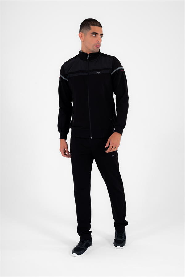 Erkek Siyah Rahat Kalıp 4 Cepli Dik Yaka 4 Mevsim Süper 2 İplik Spor Eşofman Takımı 5876