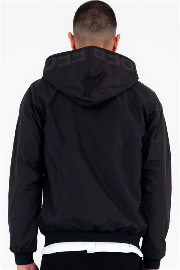 Erkek Siyah Rüzgarlık Yağmurluk Ince Kapsonlu Ceket 2 Cepli Desenli Astarlı 6722