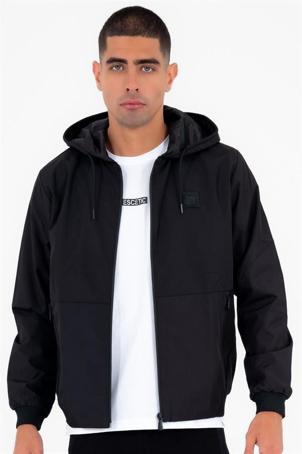 Erkek Siyah Rüzgarlık Yağmurluk Ince Kapsonlu Ceket 2 Cepli Desenli Astarlı 6722