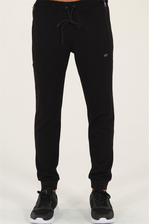 Erkek Siyah Slimfit 2 İplik 4 Mevsim Nefes Alabilen Pamuklu Pıtırcık Kumaş Spor Eşofman Altı 1879