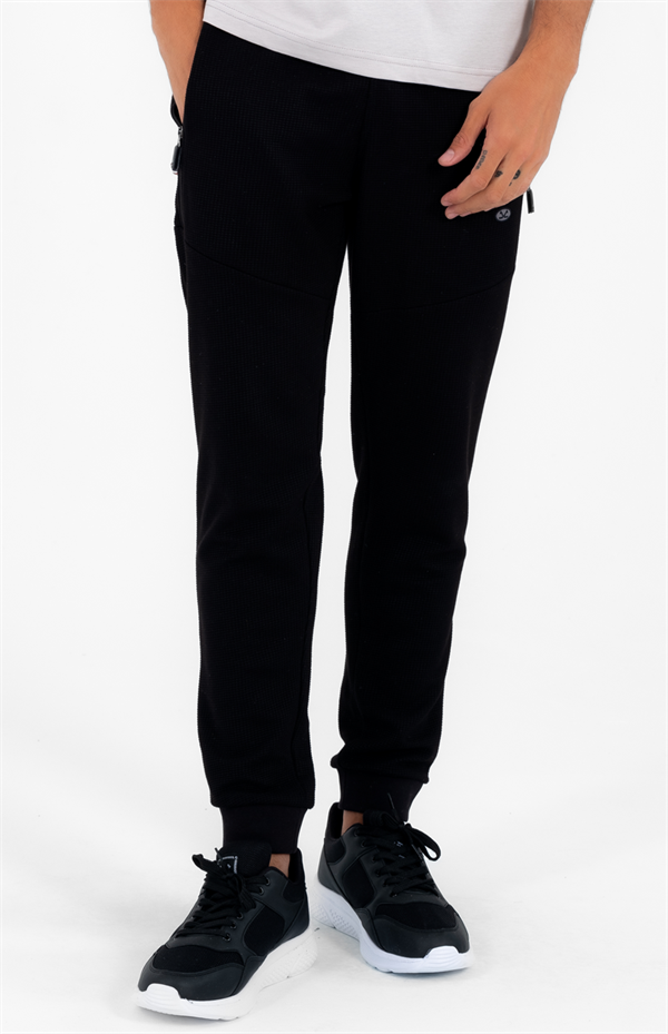 Erkek Siyah Slimfit 2 İplik 4 Mevsim Nefes Alabilen Pamuklu Pıtırcık Kumaş Spor Eşofman Altı 1879