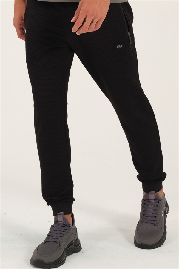 Erkek Siyah Slimfit 2 İplik 4 Mevsim Nefes Alabilen Pamuklu Pıtırcık Kumaş Spor Eşofman Altı 1879