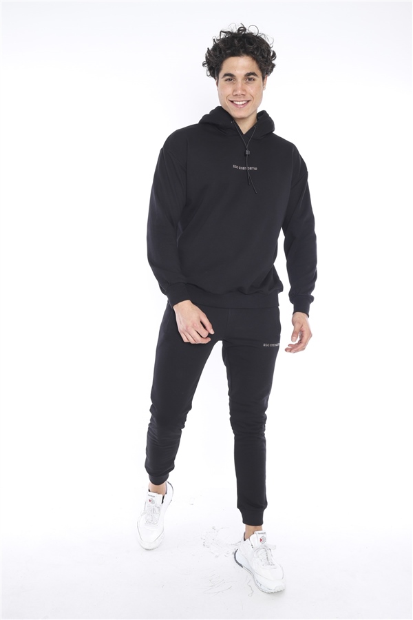 Escetic Siyah Erkek 3 İplik Nefes Alan Pamuklu Kapüşonlu Baskılı Spor Oversize Sweat Takım A3041