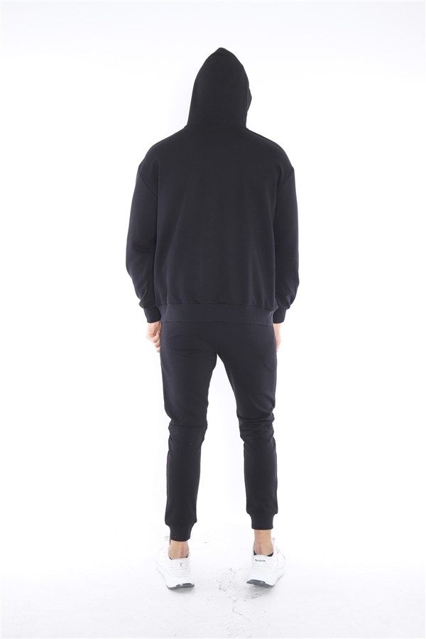 Escetic Siyah Erkek 3 İplik Nefes Alan Pamuklu Kapüşonlu Baskılı Spor Oversize Sweat Takım A3041