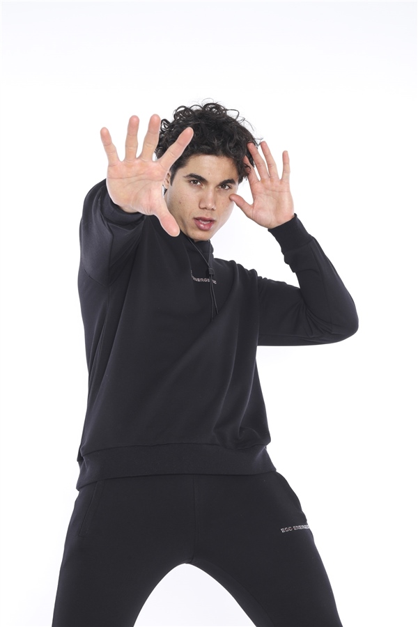 Escetic Siyah Erkek 3 İplik Nefes Alan Pamuklu Kapüşonlu Baskılı Spor Oversize Sweat Takım A3041