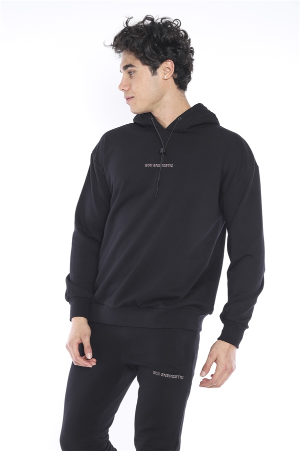 Escetic Siyah Erkek 3 İplik Nefes Alan Pamuklu Kapüşonlu Baskılı Spor Oversize Sweat Takım A3041