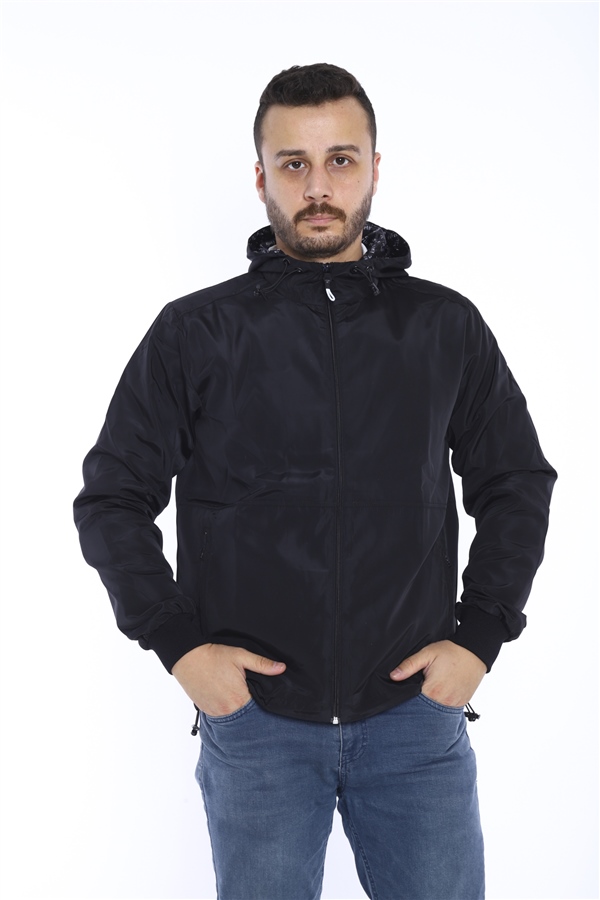 Escetic Siyah Erkek Rüzgarlık Sabit Kapüşonlu Desenli Astarlı Su İtici Mevsimlik İnce Ceket 6571