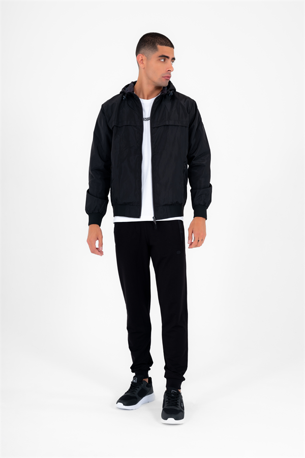 Escetic Siyah Erkek Rüzgarlık Sabit Kapüşonlu Desenli Astarlı Su İtici Mevsimlik İnce Ceket 6569