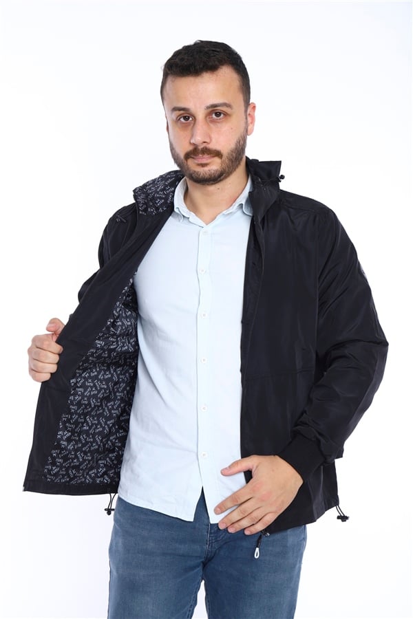 Escetic Siyah Erkek Rüzgarlık Sabit Kapüşonlu Desenli Astarlı Su İtici Mevsimlik İnce Ceket 6571