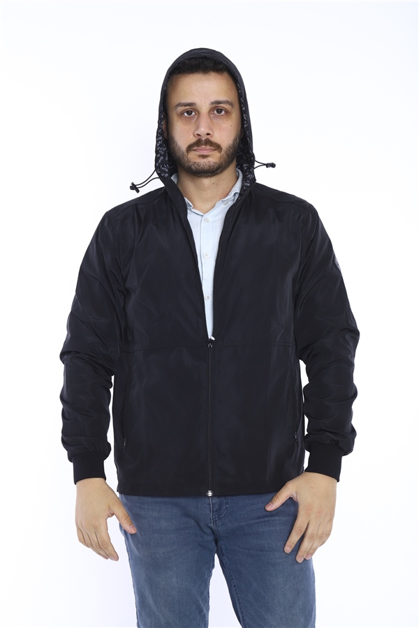 Escetic Siyah Erkek Rüzgarlık Sabit Kapüşonlu Desenli Astarlı Su İtici Mevsimlik İnce Ceket 6571