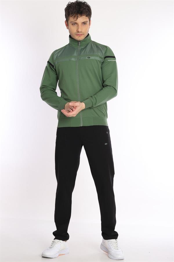 Erkek Soft Yeşil Rahat Kalıp 4 Cepli Dik Yaka 4 Mevsim Süper 2 İplik Spor Eşofman Takımı 5876