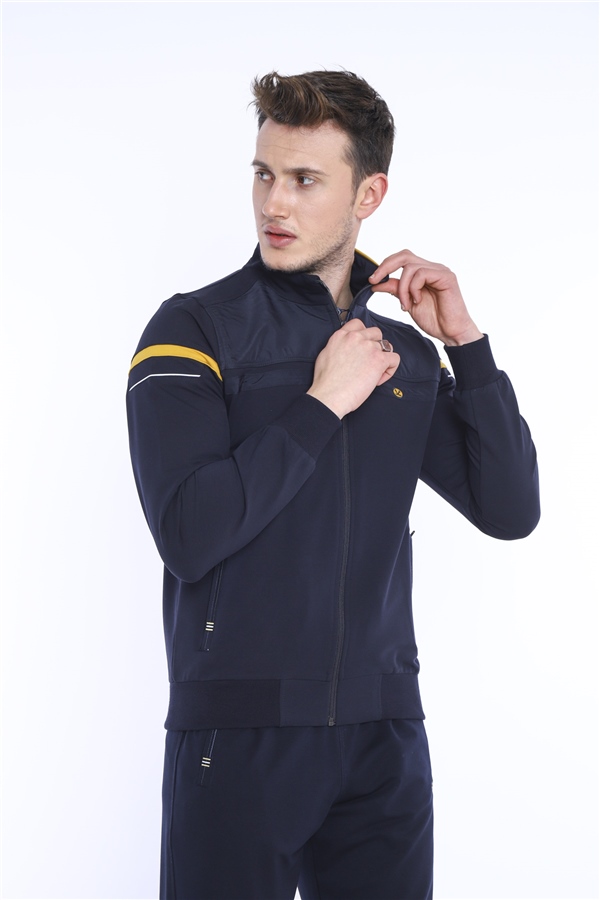 Erkek Lacivert Hardal Rahat Kalıp 4 Cepli Dik Yaka 4 Mevsim Süper 2 İplik Spor Eşofman Takımı 5876