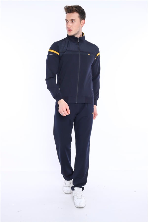 Erkek Lacivert Hardal Rahat Kalıp 4 Cepli Dik Yaka 4 Mevsim Süper 2 İplik Spor Eşofman Takımı 5876