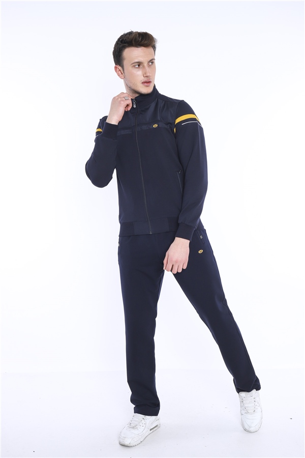 Erkek Lacivert Hardal Rahat Kalıp 4 Cepli Dik Yaka 4 Mevsim Süper 2 İplik Spor Eşofman Takımı 5876