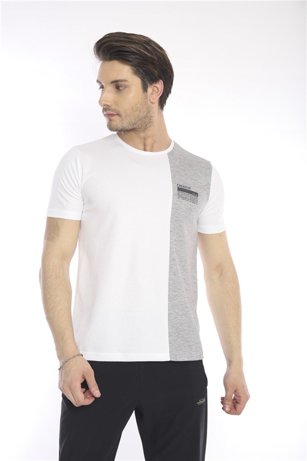 Escetic Beyaz Erkek Ragular Kalıp Pamuklu ABD Pike Nefes Alabilen Spor T-Shirt 0895