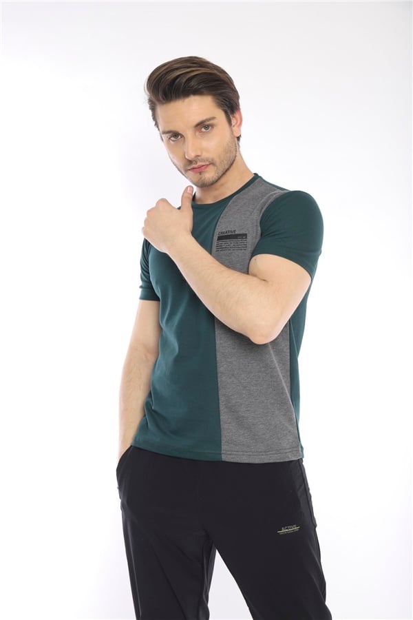 Escetic Yeşil Erkek Ragular Kalıp Pamuklu ABD Pike Nefes Alabilen Spor T-Shirt 0895