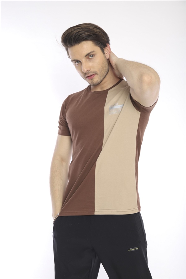 Escetic Kahve Erkek Ragular Kalıp Pamuklu ABD Pike Nefes Alabilen Spor T-Shirt 0895