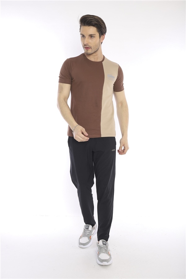 Escetic Kahve Erkek Ragular Kalıp Pamuklu ABD Pike Nefes Alabilen Spor T-Shirt 0895