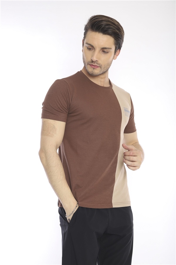 Escetic Kahve Erkek Ragular Kalıp Pamuklu ABD Pike Nefes Alabilen Spor T-Shirt 0895