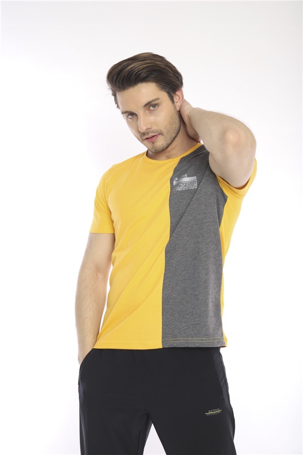 Escetic Sarı Erkek Ragular Kalıp Pamuklu ABD Pike Nefes Alabilen Spor T-Shirt 0895