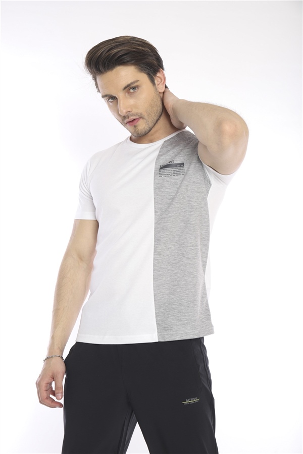 Escetic Beyaz Erkek Ragular Kalıp Pamuklu ABD Pike Nefes Alabilen Spor T-Shirt 0895