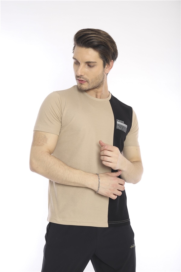 Escetic Koyu Bej Erkek Ragular Kalıp Pamuklu ABD Pike Nefes Alabilen Spor T-Shirt 0895