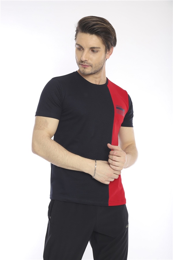 Escetic Lacivert Erkek Ragular Kalıp Pamuklu ABD Pike Nefes Alabilen Spor T-Shirt 0895