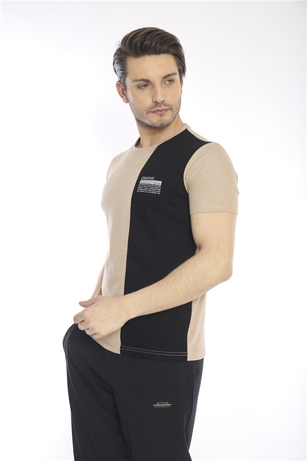 Escetic Koyu Bej Erkek Ragular Kalıp Pamuklu ABD Pike Nefes Alabilen Spor T-Shirt 0895
