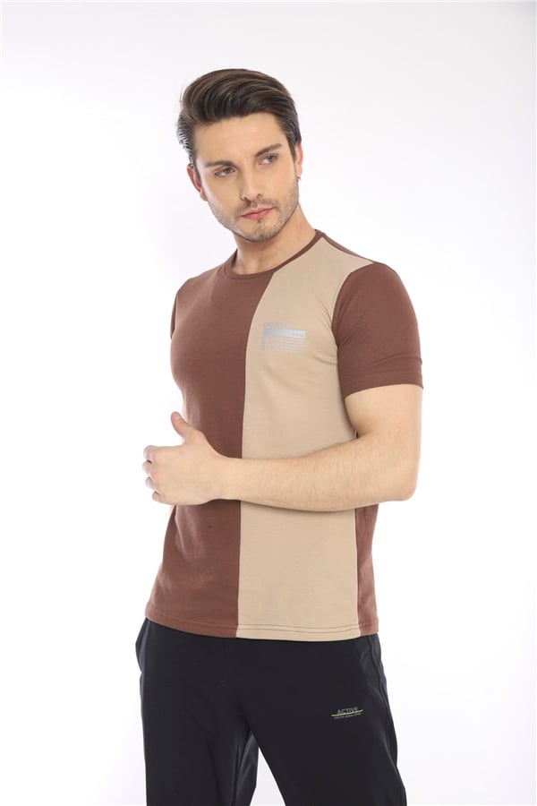 Escetic Kahve Erkek Ragular Kalıp Pamuklu ABD Pike Nefes Alabilen Spor T-Shirt 0895